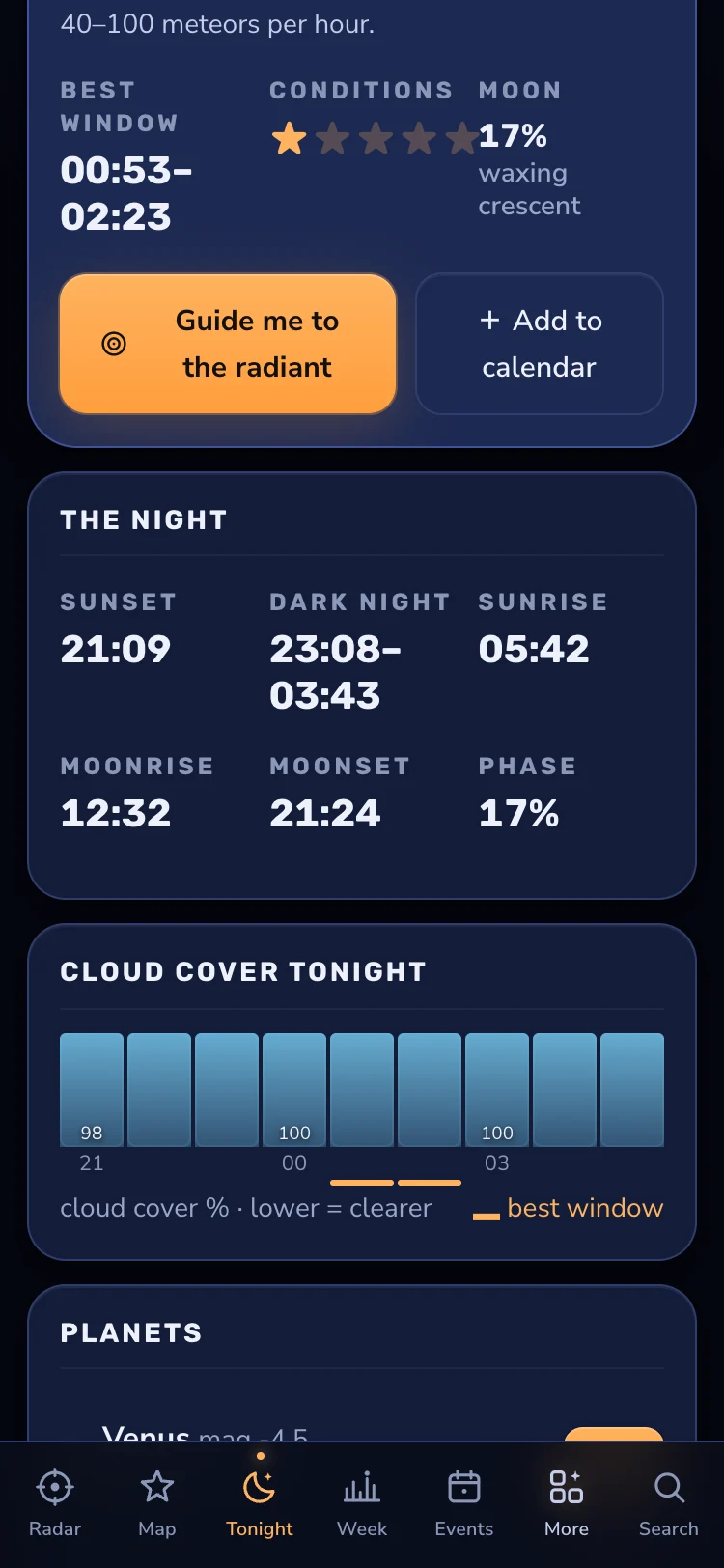 Tonight panel with sunset and dark-night times, an hour-by-hour cloud forecast and the planet list