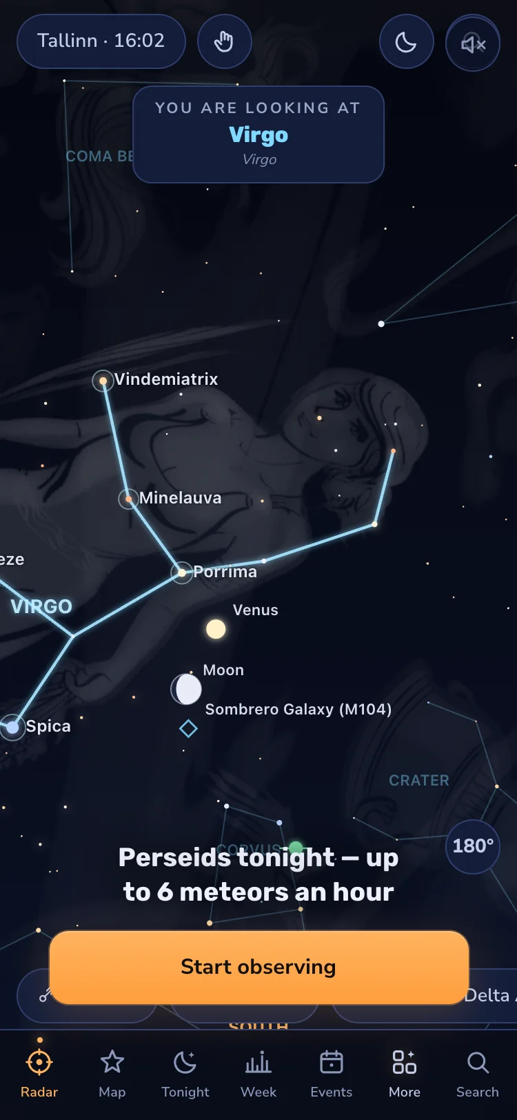 The sky view showing the constellation Virgo drawn over its stars, with Venus, the Moon and the Sombrero Galaxy labelled