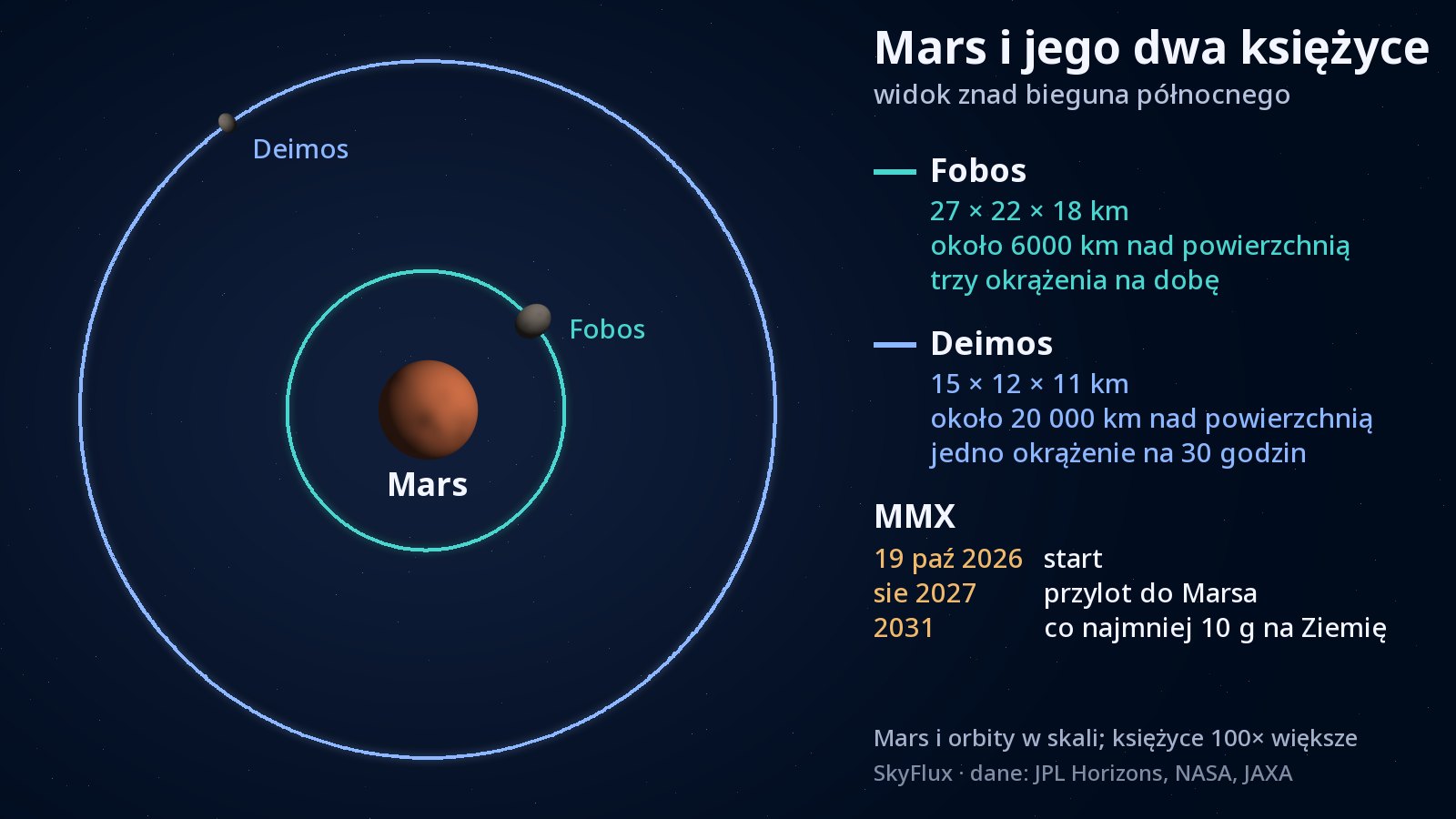 Schemat widziany znad bieguna północnego Marsa: Mars pośrodku, tuż wokół niego turkusowy okrąg orbity Fobosa, a dużo większy niebieski okrąg to orbita Deimosa; każdy księżyc to mała szara bryłka na swojej drodze.