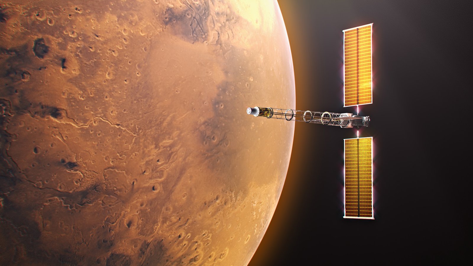 Digital illustration of the SR-1 Freedom spacecraft near Mars: a long lattice boom ending in a cylindrical reactor module, with two tall golden solar arrays at the other end, in front of the orange planet.
