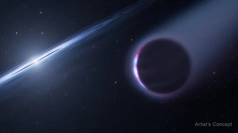 Illustration of a dark gas giant with a glowing rim and a faint tail, beside a small bright white star wrapped in a thin, nearly edge-on disc, against a starry black sky; the words Artist's Concept appear in the lower right corner.