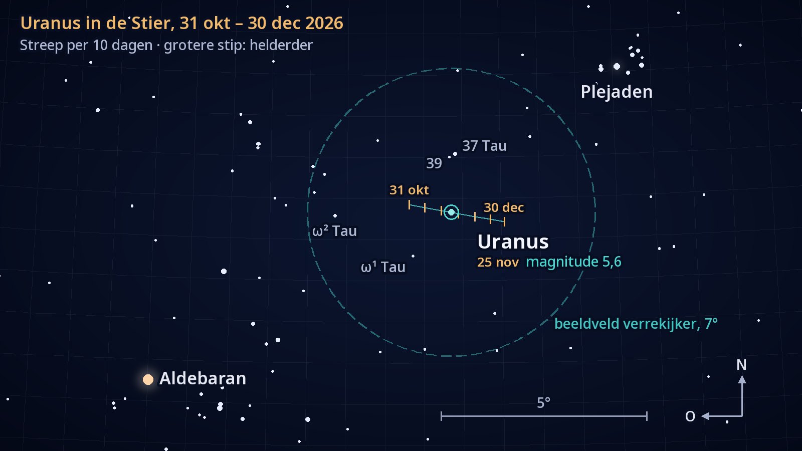 Zoekkaart van de Stier, met het noorden boven en het oosten links. Het korte spoor dat Uranus van 31 oktober tot 30 december 2026 naar het westen aflegt, met een streepje om de tien dagen, loopt net ten zuiden van de ster 37 Tauri, binnen een cirkel van 7° die het beeldveld van een verrekijker voorstelt; de Plejaden staan rechtsboven, Aldebaran linksonder.