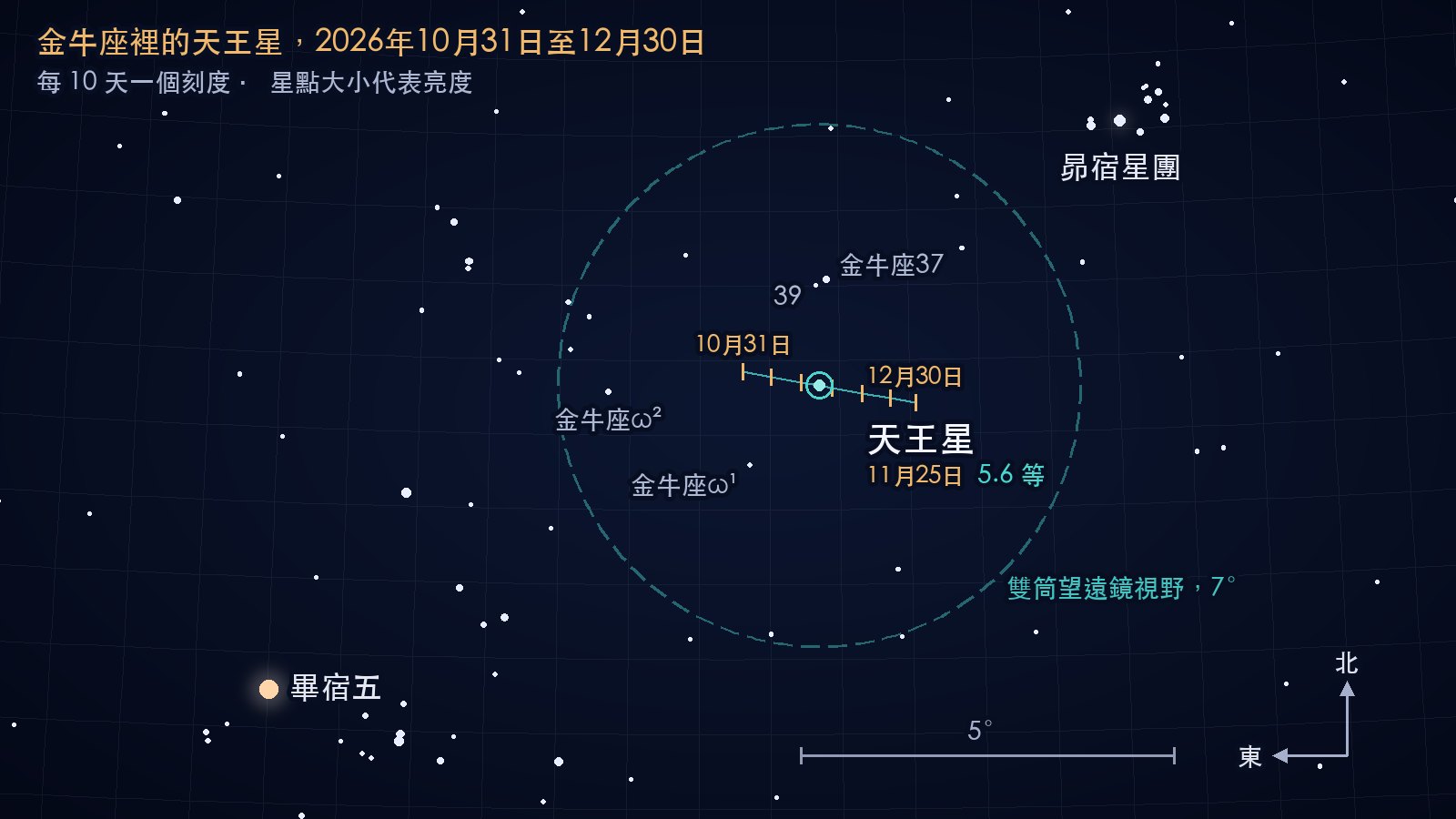 金牛座尋星圖，上北左東。2026年10月31日至12月30日天王星向西移動的一小段路徑，每十天一個刻度，從金牛座37南方不遠處經過，落在一個直徑 7° 的雙筒望遠鏡視野圓圈裡；昴宿星團在右上方，畢宿五在左下方。