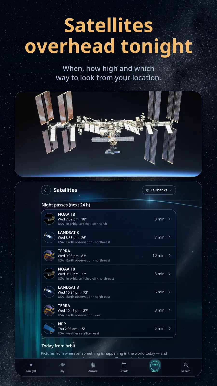 Satellites overhead tonight — When, how high and which way to look from your location.