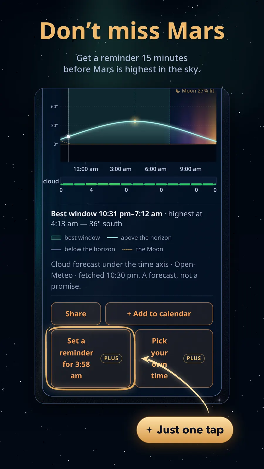 Don’t miss Mars — Get a reminder 15 minutes before Mars is highest in the sky.